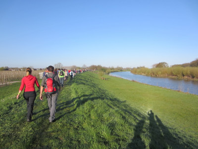 Lopen over dijk bij Bloesemtocht