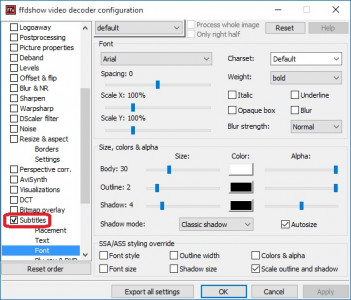 ffdshow video decoder configuration - subtitles support