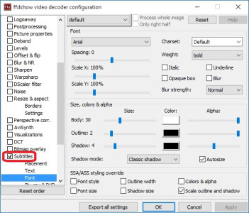 ffdshow video decoder configuration - subtitles support
