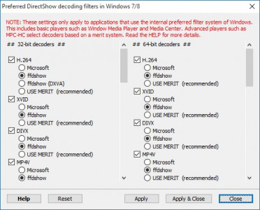 Codec Tweak Tool - Win7DSFilterTweaker - Preferred 32 and 64 bit Decoders