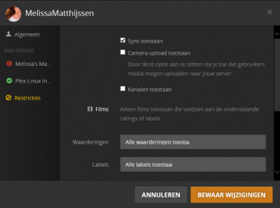 Plex Gebruiker - Restricties Instellingen