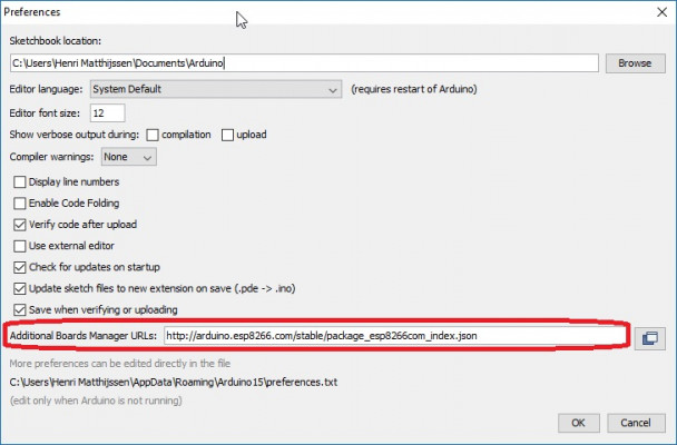 Arduine IDE - Additional Board Manager URLs