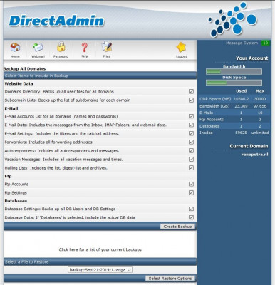 DirectAdmin - Maken Backup - Opties