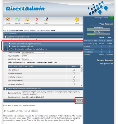 DirectAdmin - SSL-Certificates Instellen