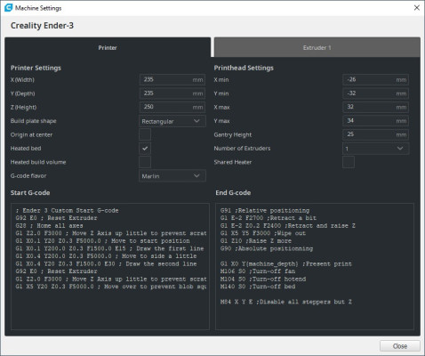 Cura Machine Settings