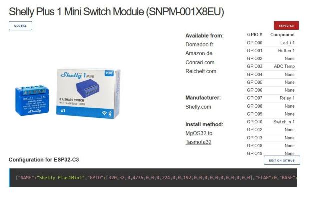 Shelly Plus 1 Mini - Template voor Tasmota