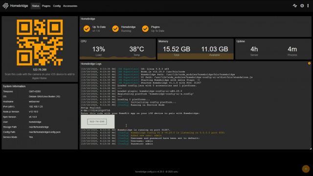 Hoofdscherm Homebridge Config UI X
