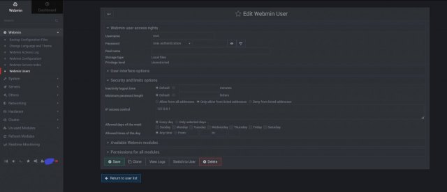 Webmin - Disable 'root' user
