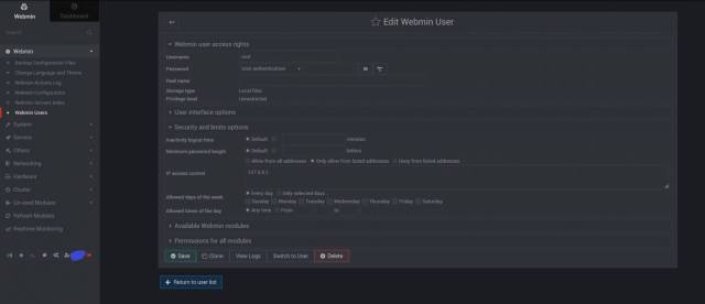 Webmin - Disable 'root' user