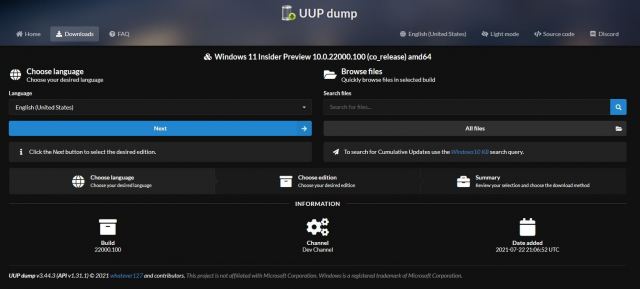 UUP dump - Kies Taal