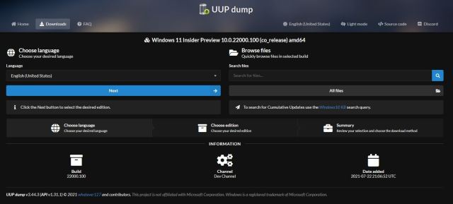 UUP dump - Kies Taal