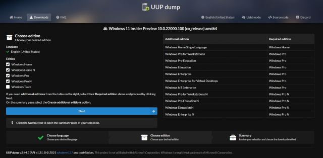 UUP dump - Kies Editie