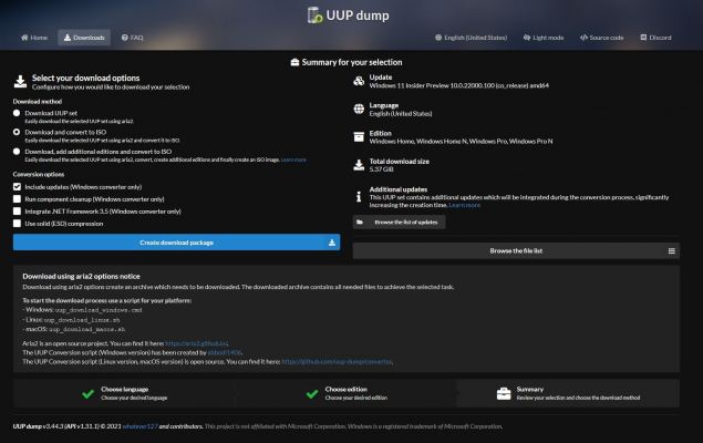 UUP dump - Creeer download pakket