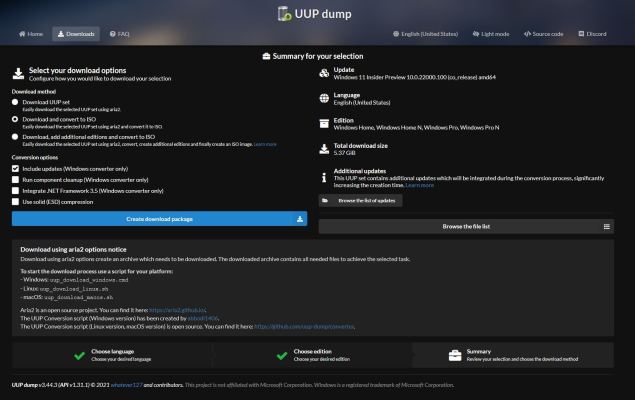 UUP dump - Creeer download pakket