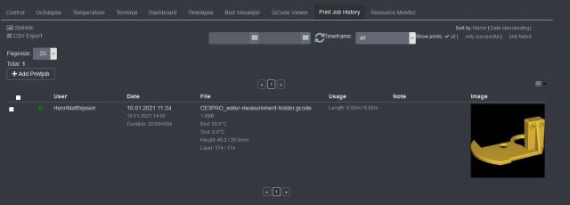 OctoPrint - Print Job History Plugin - Overzicht