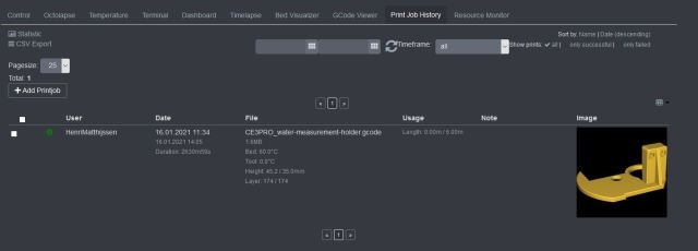 OctoPrint - Print Job History Plugin - Overzicht
