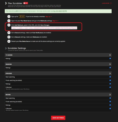 Trakt Plex Scrobbler Settings - URL Webhook