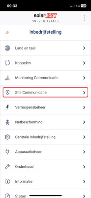 Hoofdmenu SolarEdge Omvormer