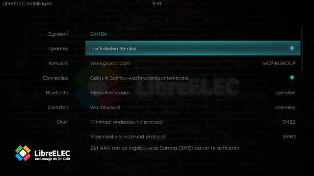 LibreElec - Instellingen - Diensten - Samba