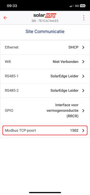 Site Communication sub-menu SolarEdge Omvormer