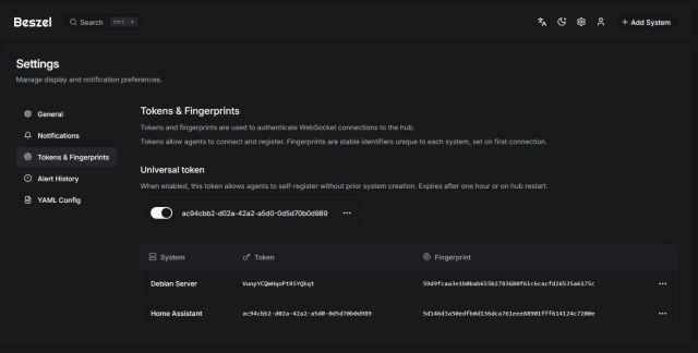 Beszel - Settings - Tokens Fingerprints