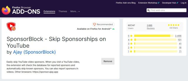 Firefox SponsorBlock extension